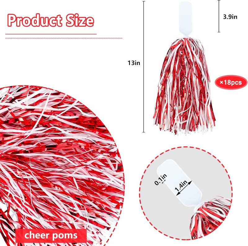 KDPATFAV 18PCS Cheerleading Pom Poms Metallic Foil Plastic Pom Poms with Baton Handle for Game Sports Squads Dancing Party Football Basketball Club Spirit Sports Stage Performance Celebration (Red and White) - Image 2